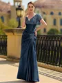 Stunning Sheath/Column Silk like Satin Applique V-Neck Short Sleeves Floor-Length Mother of the Bride Dress