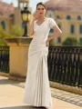 Stunning Sheath/Column Silk like Satin Applique V-Neck Short Sleeves Floor-Length Mother of the Bride Dress