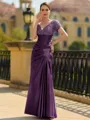 Stunning Sheath/Column Silk like Satin Applique V-Neck Short Sleeves Floor-Length Mother of the Bride Dress
