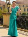 Stunning Sheath/Column Silk like Satin Applique V-Neck Short Sleeves Floor-Length Mother of the Bride Dress