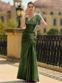 Stunning Sheath/Column Silk like Satin Applique V-Neck Short Sleeves Floor-Length Mother of the Bride Dress
