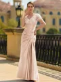 Stunning Sheath/Column Silk like Satin Applique V-Neck Short Sleeves Floor-Length Mother of the Bride Dress