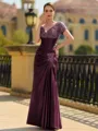 Stunning Sheath/Column Silk like Satin Applique V-Neck Short Sleeves Floor-Length Mother of the Bride Dress