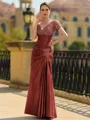 Stunning Sheath/Column Silk like Satin Applique V-Neck Short Sleeves Floor-Length Mother of the Bride Dress