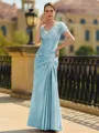 Stunning Sheath/Column Silk like Satin Applique V-Neck Short Sleeves Floor-Length Mother of the Bride Dress