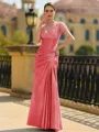 Stunning Sheath/Column Silk like Satin Applique V-Neck Short Sleeves Floor-Length Mother of the Bride Dress