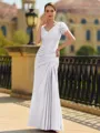 Stunning Sheath/Column Silk like Satin Applique V-Neck Short Sleeves Floor-Length Mother of the Bride Dress