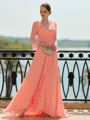 Glam A-Line/Princess Chiffon Ruched V-Neck Long Sleeves Sweep Train Mother of the Bride Dresses