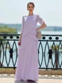 Immaculate Sheath Scoop 3/4 Sleeves Cascading Ruffles Floor-Length Chiffon Mother of the Bride Dress