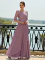 Stunning A-line Scoop 3/4 Sleeves Appliques Lace Floor-Length Chiffon Mother of the Bride Dress