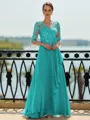 Stunning A-line Scoop 3/4 Sleeves Appliques Lace Floor-Length Chiffon Mother of the Bride Dress