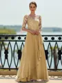 Stunning A-line Scoop 3/4 Sleeves Appliques Lace Floor-Length Chiffon Mother of the Bride Dress
