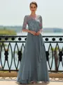 Stunning A-line Scoop 3/4 Sleeves Appliques Lace Floor-Length Chiffon Mother of the Bride Dress