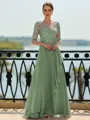 Stunning A-line Scoop 3/4 Sleeves Appliques Lace Floor-Length Chiffon Mother of the Bride Dress