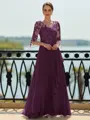 Stunning A-line Scoop 3/4 Sleeves Appliques Lace Floor-Length Chiffon Mother of the Bride Dress
