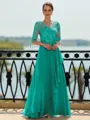 Stunning A-line Scoop 3/4 Sleeves Appliques Lace Floor-Length Chiffon Mother of the Bride Dress