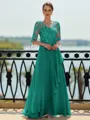 Stunning A-line Scoop 3/4 Sleeves Appliques Lace Floor-Length Chiffon Mother of the Bride Dress