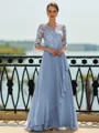 Stunning A-line Scoop 3/4 Sleeves Appliques Lace Floor-Length Chiffon Mother of the Bride Dress