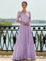 Stunning A-line Scoop 3/4 Sleeves Appliques Lace Floor-Length Chiffon Mother of the Bride Dress