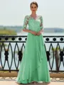 Stunning A-line Scoop 3/4 Sleeves Appliques Lace Floor-Length Chiffon Mother of the Bride Dress