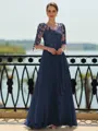 Stunning A-line Scoop 3/4 Sleeves Appliques Lace Floor-Length Chiffon Mother of the Bride Dress