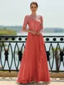 Stunning A-line Scoop 3/4 Sleeves Appliques Lace Floor-Length Chiffon Mother of the Bride Dress
