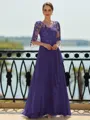 Stunning A-line Scoop 3/4 Sleeves Appliques Lace Floor-Length Chiffon Mother of the Bride Dress