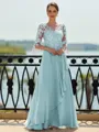Stunning A-line Scoop 3/4 Sleeves Appliques Lace Floor-Length Chiffon Mother of the Bride Dress