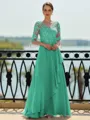 Stunning A-line Scoop 3/4 Sleeves Appliques Lace Floor-Length Chiffon Mother of the Bride Dress