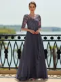 Stunning A-line Scoop 3/4 Sleeves Appliques Lace Floor-Length Chiffon Mother of the Bride Dress