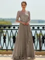 Stunning A-line Scoop 3/4 Sleeves Appliques Lace Floor-Length Chiffon Mother of the Bride Dress