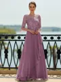 Stunning A-line Scoop 3/4 Sleeves Appliques Lace Floor-Length Chiffon Mother of the Bride Dress