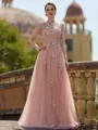 Extravagant A-Line/Princess Tulle Applique Bateau Short Sleeves Floor-Length Mother of the Bride Dress
