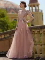 Extravagant A-Line/Princess Tulle Applique Bateau Short Sleeves Floor-Length Mother of the Bride Dress