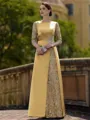 Stylish Sheath Scoop 3/4 Sleeves Appliques Lace Floor-Length Satin Mother of the Bride Dress