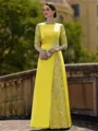Stylish Sheath Scoop 3/4 Sleeves Appliques Lace Floor-Length Satin Mother of the Bride Dress