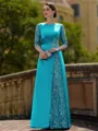 Stylish Sheath Scoop 3/4 Sleeves Appliques Lace Floor-Length Satin Mother of the Bride Dress