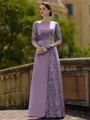 Stylish Sheath Scoop 3/4 Sleeves Appliques Lace Floor-Length Satin Mother of the Bride Dress