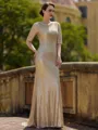 Breathtaking Sheath/Column Sequins Ruched 1/2 Sleeves Sweep Train Mother of the Bride Dresses
