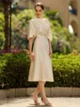 Fashion A-Line/Princess Charmeuse Ruched Off-the-Shoulder 1/2 Sleeves Tea-Length Mother of the Bride Dress