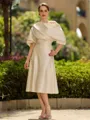 Fashion A-Line/Princess Charmeuse Ruched Off-the-Shoulder 1/2 Sleeves Tea-Length Mother of the Bride Dress