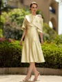 Fashion A-Line/Princess Charmeuse Ruched Off-the-Shoulder 1/2 Sleeves Tea-Length Mother of the Bride Dress