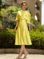 Fashion A-Line/Princess Charmeuse Ruched Off-the-Shoulder 1/2 Sleeves Tea-Length Mother of the Bride Dress
