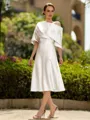 Fashion A-Line/Princess Charmeuse Ruched Off-the-Shoulder 1/2 Sleeves Tea-Length Mother of the Bride Dress