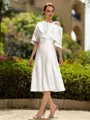 Fashion A-Line/Princess Charmeuse Ruched Off-the-Shoulder 1/2 Sleeves Tea-Length Mother of the Bride Dress