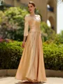 Trendy A-Line/Princess Silk like Satin Ruched V-Neck 3/4 Sleeves Ankle-Length Mother of the Bride Dress