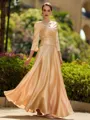 Trendy A-Line/Princess Silk like Satin Ruched V-Neck 3/4 Sleeves Ankle-Length Mother of the Bride Dress
