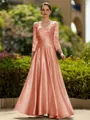 Trendy A-Line/Princess Silk like Satin Ruched V-Neck 3/4 Sleeves Ankle-Length Mother of the Bride Dress