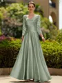 Trendy A-Line/Princess Silk like Satin Ruched V-Neck 3/4 Sleeves Ankle-Length Mother of the Bride Dress