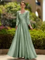 Trendy A-Line/Princess Silk like Satin Ruched V-Neck 3/4 Sleeves Ankle-Length Mother of the Bride Dress